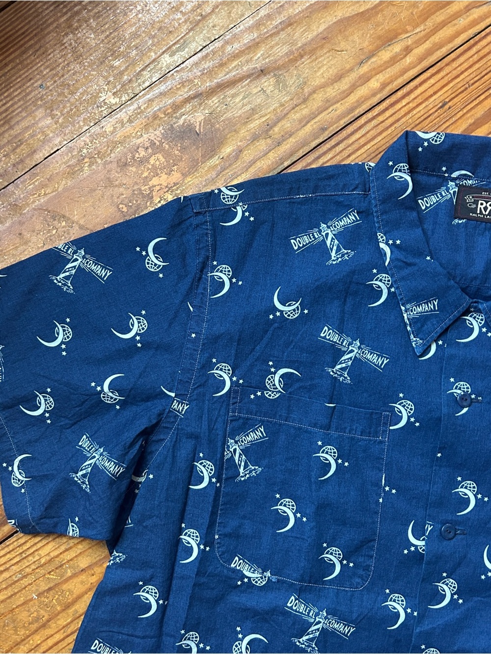 NWT Double RL Indigo Short-Sleeve Printed Button-Down Camp Shirt - Picture 2 of 8